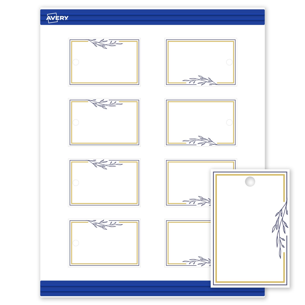 Avery Printable Rectangle Tags, Gold & Navy Border with Florals, 2" x 3", Matte White Rectangle Tags, Laser/Inkjet, 80ct, Great for Product Tags